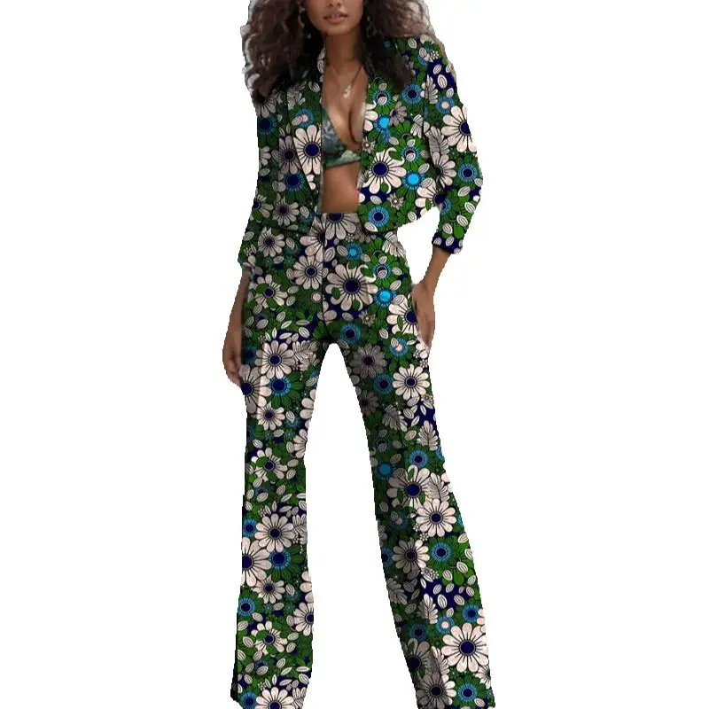 

African Couture Women's Suit Trendy Print Mini Blazers With Straight Pants Customized Ankara Outfits
