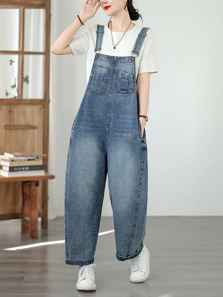 

Washed Denim Overalls Women's Spring Autumn Loose Casual One-Piece Strap Pants Korean Style Straight Leg Natural Waist