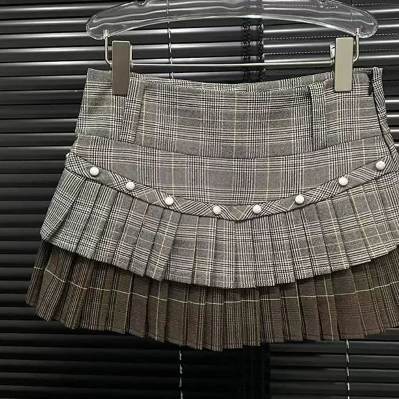 Trendy Retro Patchwork Plaid Short Skirts for Women Fashion Wrap Hip Pleated Skirt Female Spring New Items