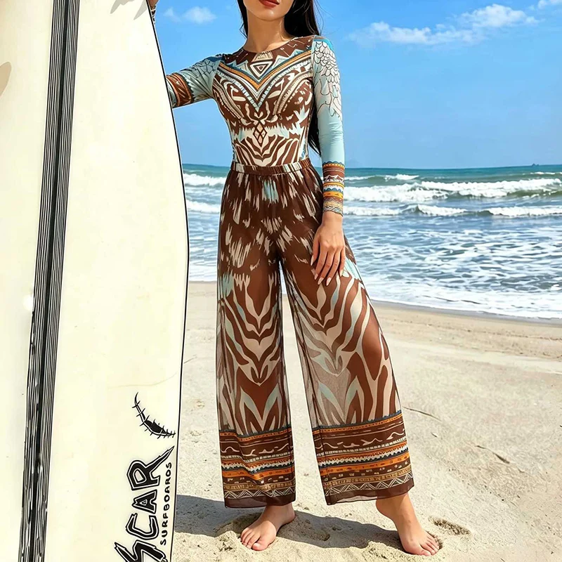One Piece Swimsuit with Long Pant Women O-Neck Long-sleeve Mesh Printed Bathing Suits Summer Beach Sun-protective Swimwear