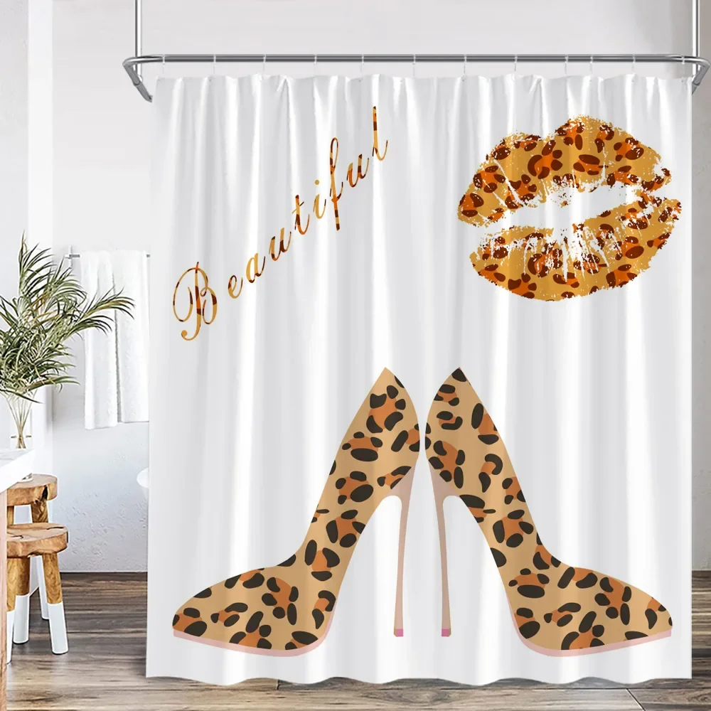 High Heel Black White Stripe Shower Curtain Panther Leopard Pattern Highheel Rose Bow Tie Floral Modern Bath Curtain with Hook