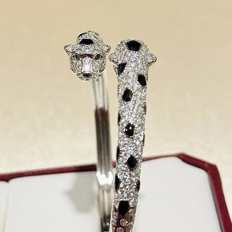 Trendy Real 925 Sterling Silver Bracelets Double Leopard Print Zebra Speckle Design 5a Zircon Cuff Bangle Luxury Fine Jewelry