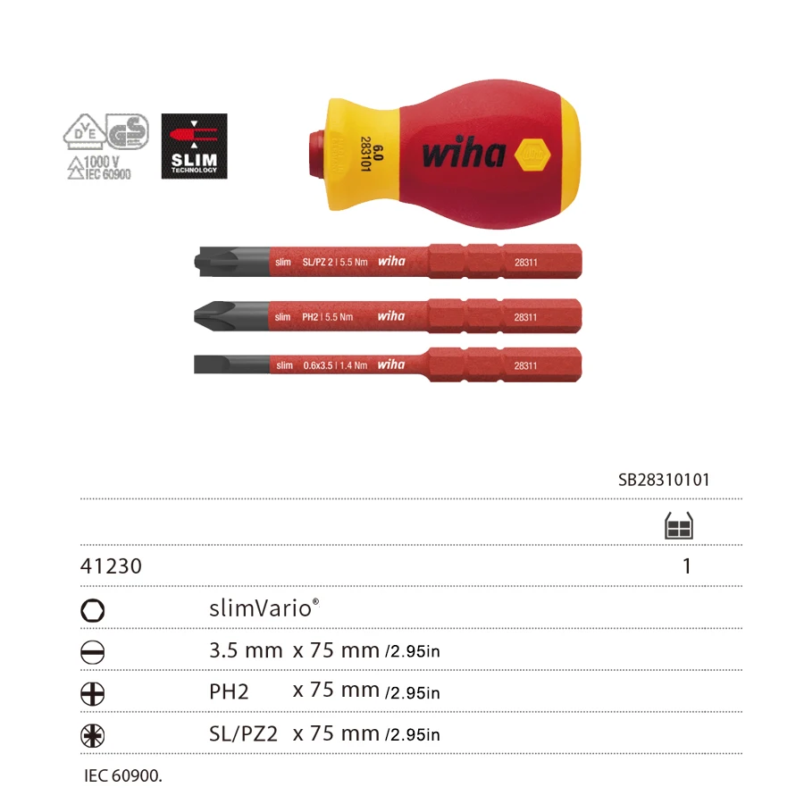 WIHA 41230 4 pcs 1000V Insulated Screwdriver Set Short Shank Screwdrivers Screwdriver Bit Holder Set Electrician Tool