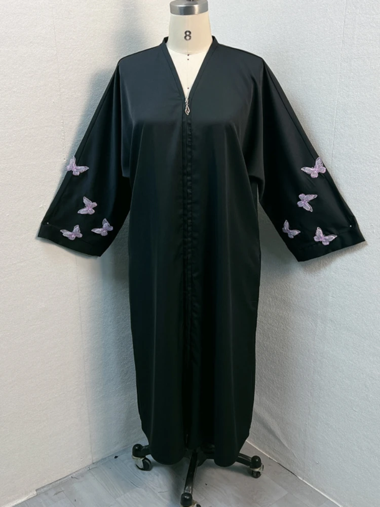 Eid Muslim Abayas for Women Butterfly Embroidery Zipper Up Cardigan Party Abaya Caftan Ramadan Dubai Arab Long Robe 2024 Dress