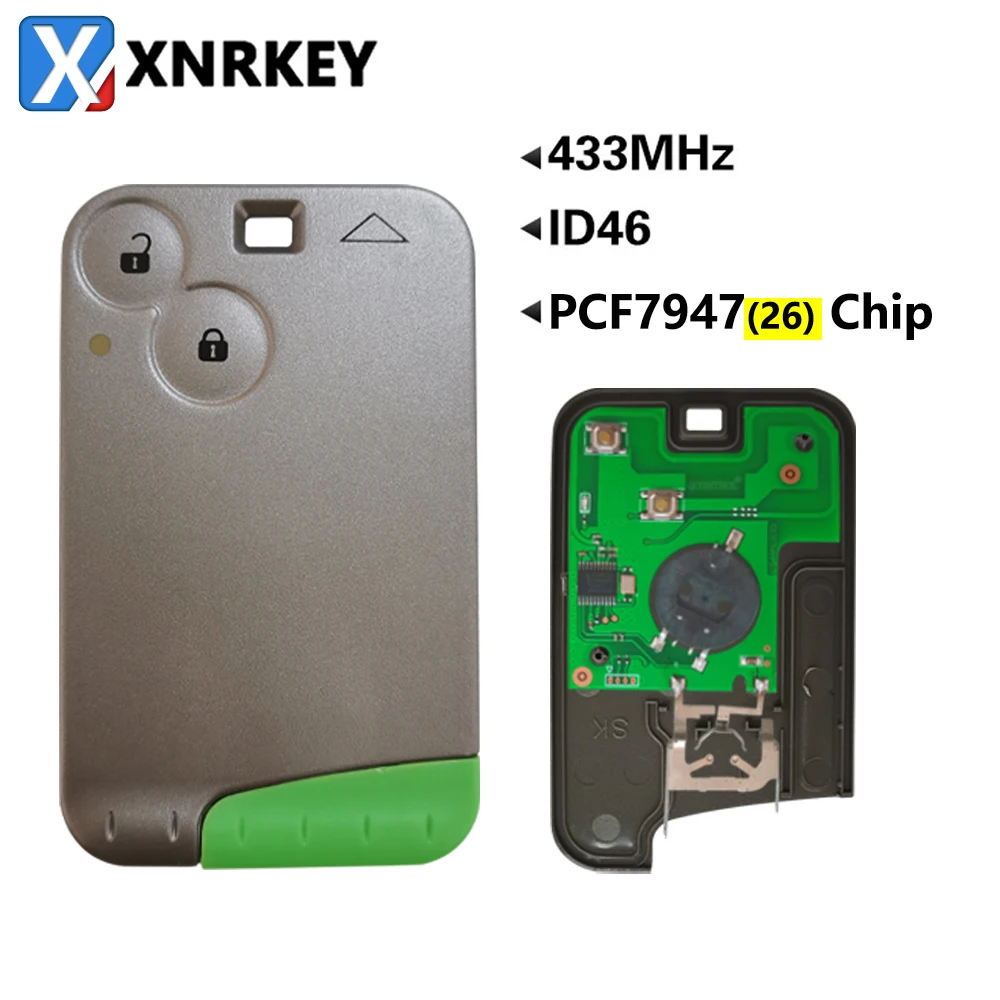 

XNRKEY 2 Button Remote Car Key Keyless Entry Smart Card PCF7947/ID46 Chip 433Mhz for Renault Laguna Espace 2001-2009 Smart Key