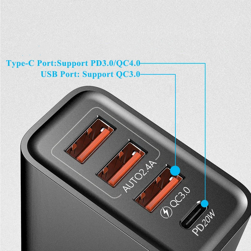 Travel Charger 3usb + Type-Cpd Charging Head European Standard Black Multi-Port Mobile Phone Charging Head Suitable for USB