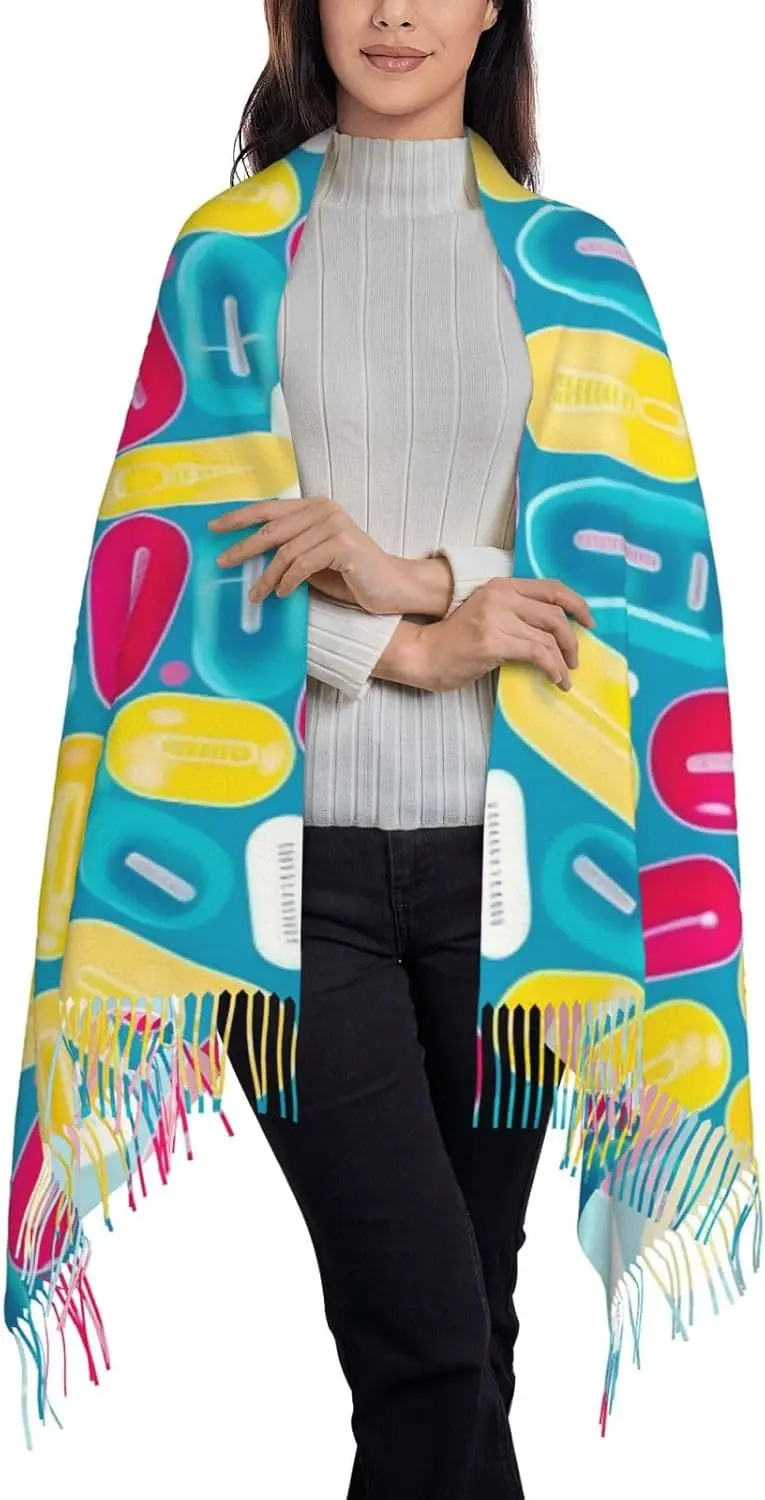 Uroczy szal z frędzlami z nadrukiem pielęgniarki, poziomy szal z frędzlami imitujący kaszmir, ciepły i modny na jesień i zimę, idealny na zimę.