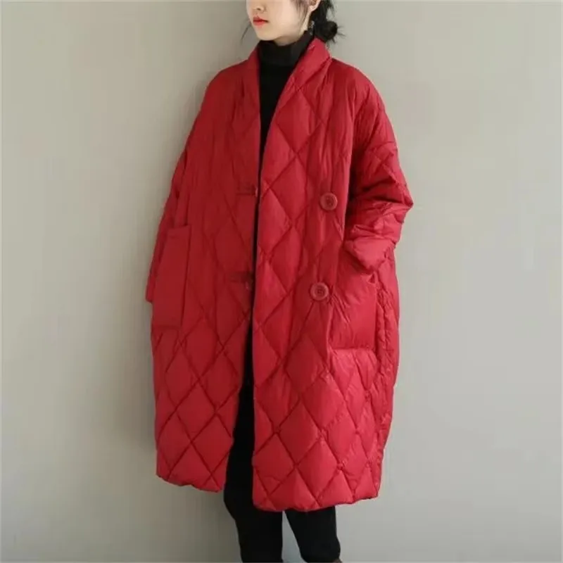 New Women Autumn Winter Loose Stand Collar Solid Diamond Plaid Mid Long Knee-Length Warm Down Jacket Oversize Female Outerwear