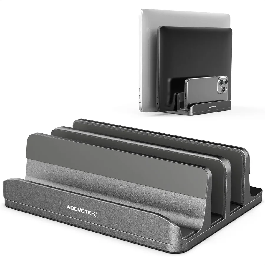 

AboveTEK Vertical Laptop Stand 3 Slots Aluminum Desk Laptop Holder Laptop Docking Station Stand for Book Tablet Phone Universal