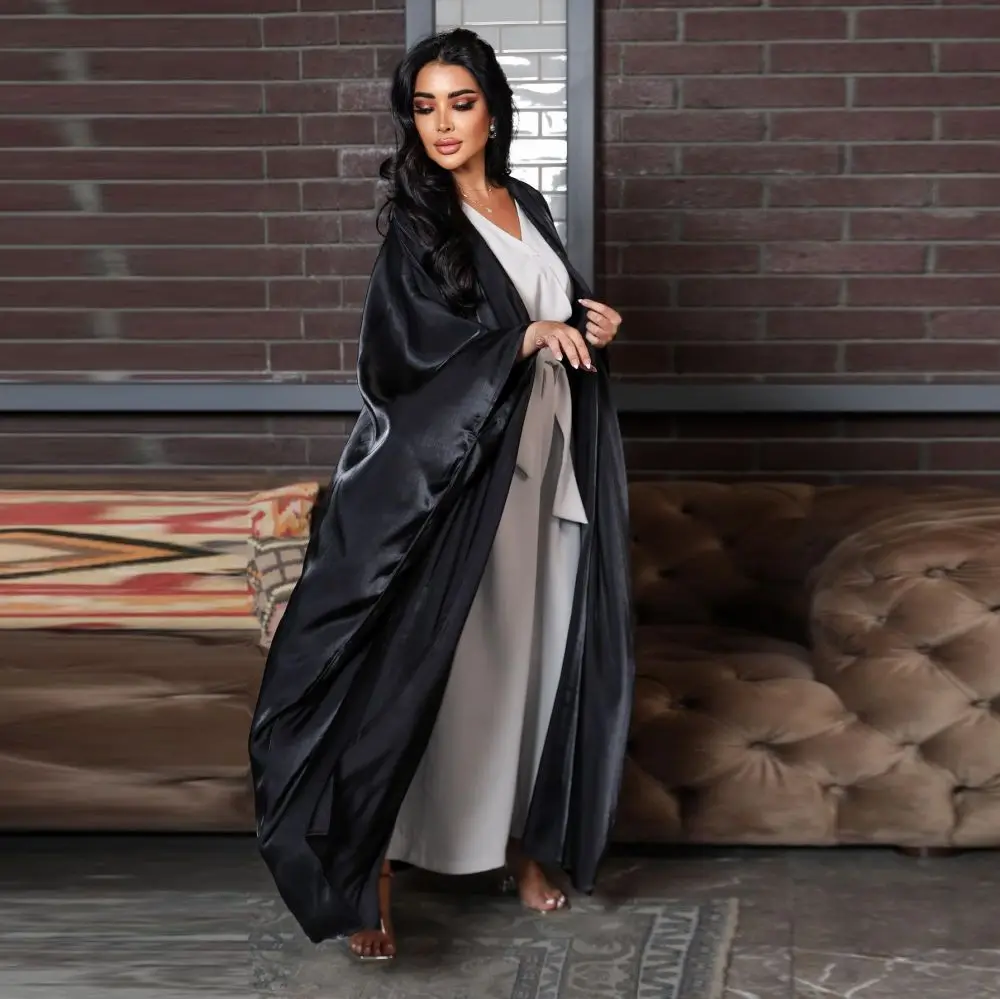 Open Front Kimono Abayas for Women Modest Muslim Moroccan Dubai Fashion Casual Loose Abaya Silk Satin Corban Eid Al Adha