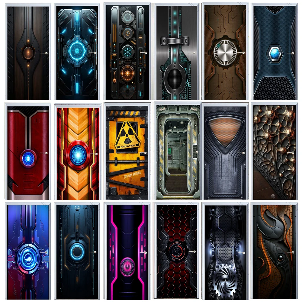 Mechanical Style Metal Series Gear Full Door Stickers Covered Murals Self-adhesive Wallpaper Decals for Home Cabinets Decoration