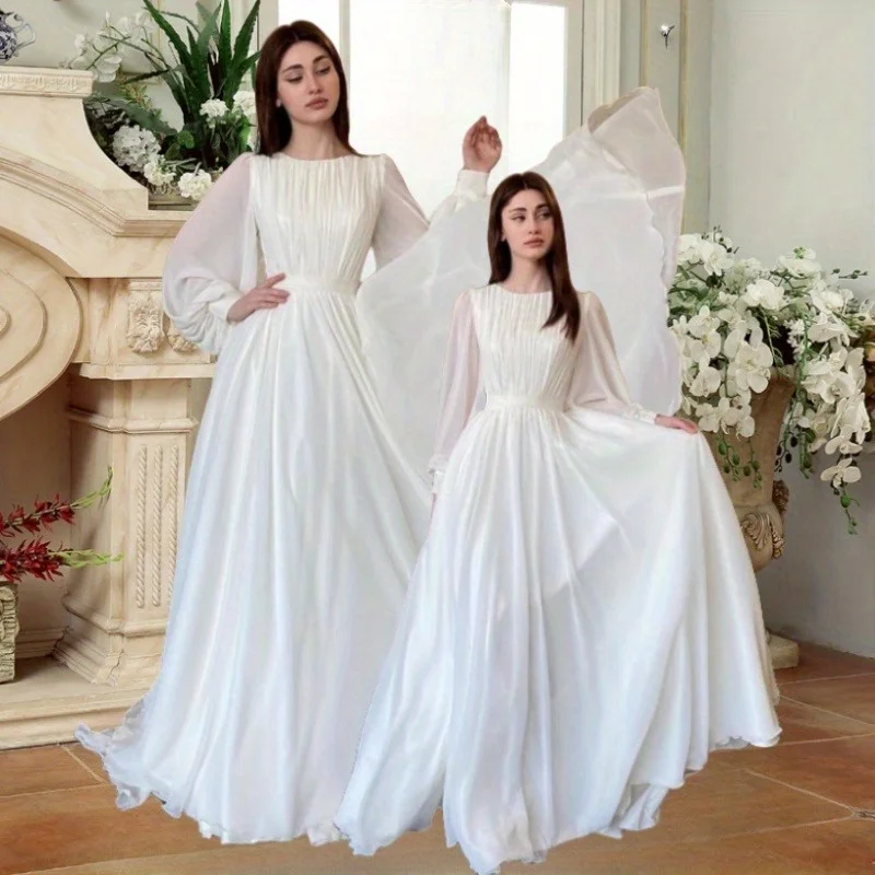 

2025 Spring and Autumn New Lantern Sleeve Pearl Dress White Wedding Round Neck Dress Long Sleeve Dress