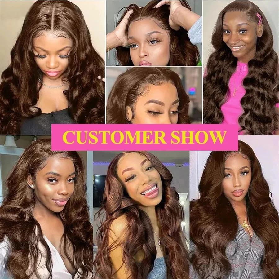 Perruque Lace Front Wig Body Wave Naturelle, Cheveux Humains, Brun Chocolat, Pre-Plucked, Transparente, En Solde