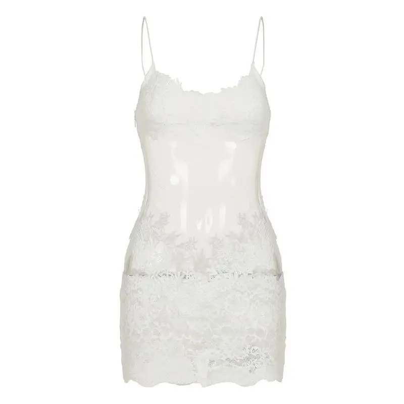Sexy Lace Backless Slip Black Mini Summer Dress Women See Through Mesh Beach Club Party Vacation Evening Short Dresses Pajamas