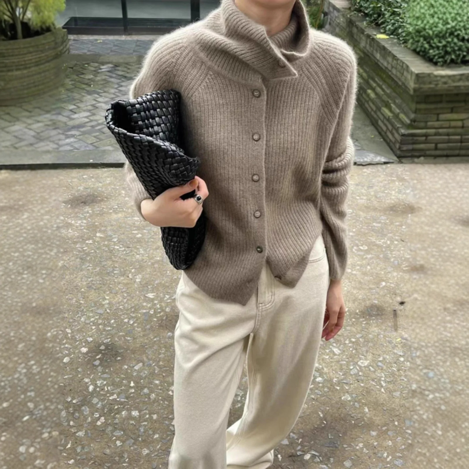 

Casual Solid Color Cardigan For Women Autumn Fashion New High Collar Single Breasted Long Sleeve Knitted Sweater Loose Warm Coat