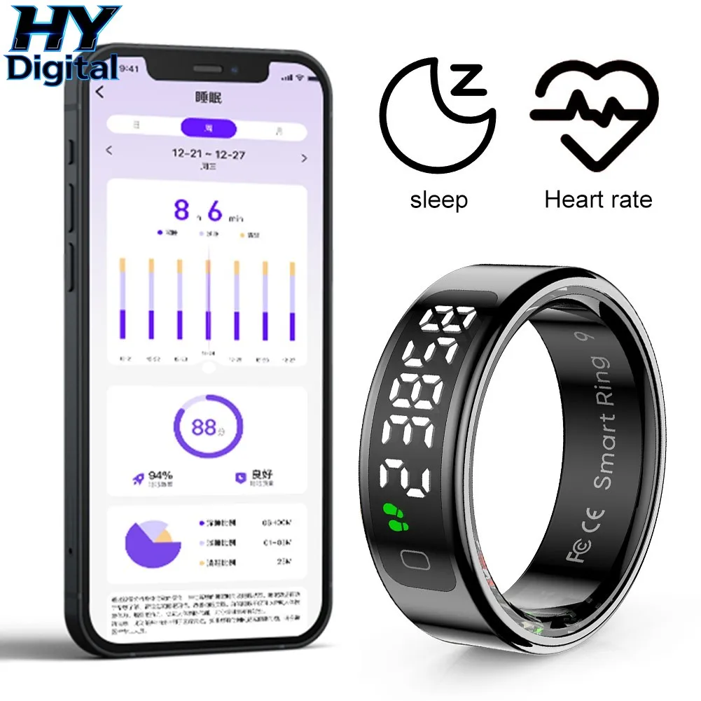 

HY Digital Smart Ring with Display Screen and Touch, Zikr Tasbih Counter, with Charging Box, Health Manager,5ATM Waterproof