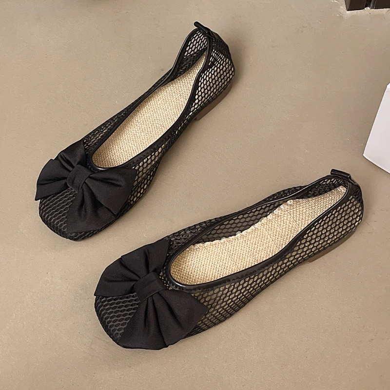 

Bow Women Mesh Flats Shoes Fashion Square Toe Sandals Casual Loafers Summer 2025 New Woman Sneakers Trend Zapatillas De Mujer