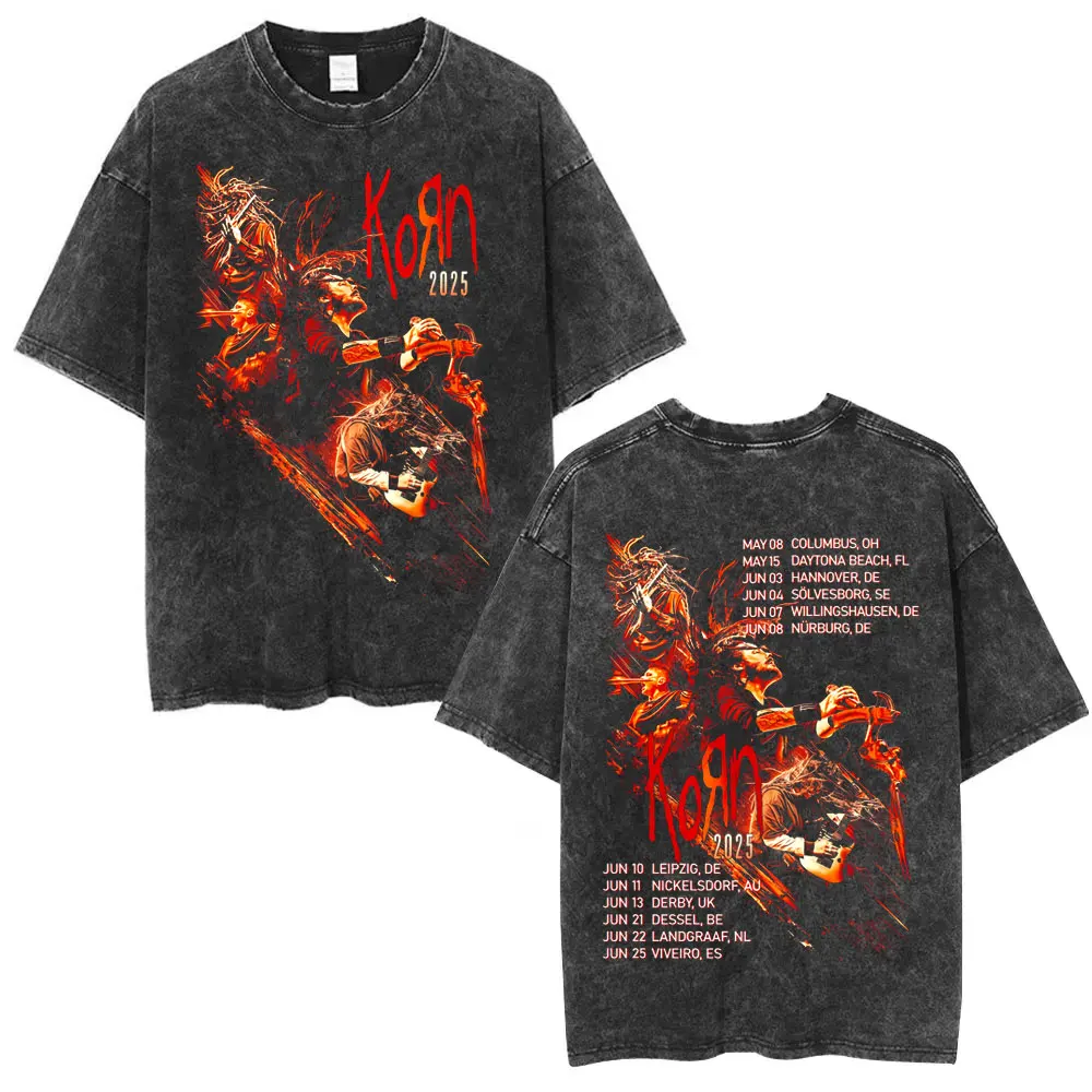 

Korn Tour 2025 Washed T Shirt Men Women Vintage Metal Gothic Rock Band Short Sleeve T-shirts Cotton Oversized T-shirt Streetwear