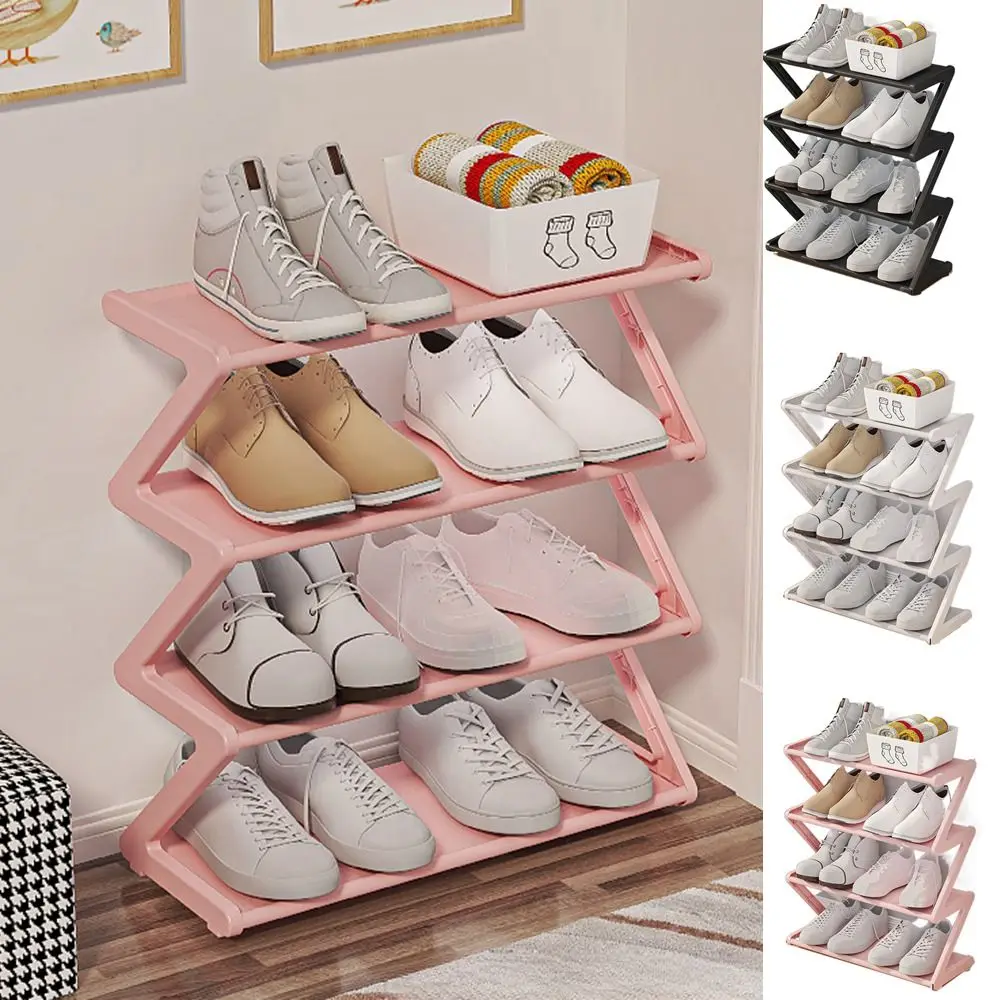 Multifunctional Plastic Doorway Shoe Rack Black/White/Pink Space Saving Shoe Stand Assembled Z-Shaped Shoe Storage Rack Home