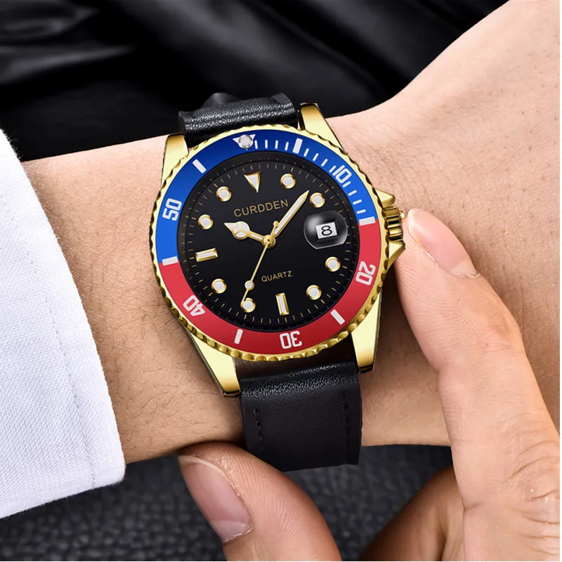 CURDDEN Brand Watches For Men Fashion Leather Band Golden Hollow Out Date Fully Automatic Mechanical Watch Relogios Masculinos