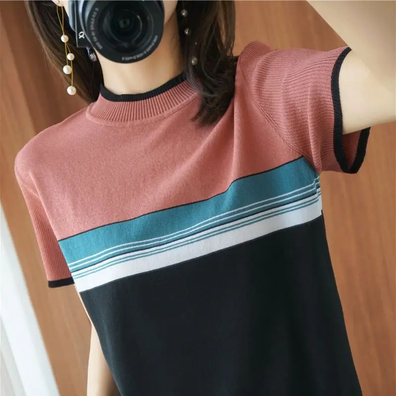 

Ladies' Short Sleeve Striped Loose T Shirts Summer New Ice Silk O-neck All-match Elegant Tops Fashion Vintage Women Clothing