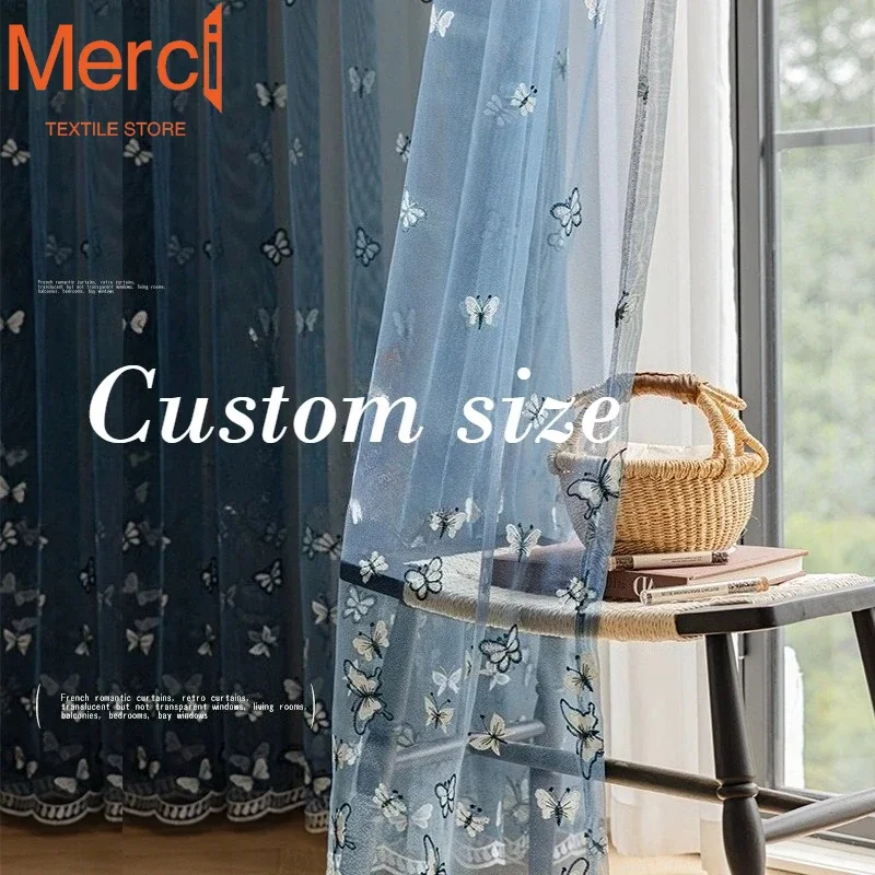

European Luxury Embroidered Blue Butterfly Tulle Window Sheer Curtains for Living Room Bedroom Dining Decor Dream Kitchen Custom