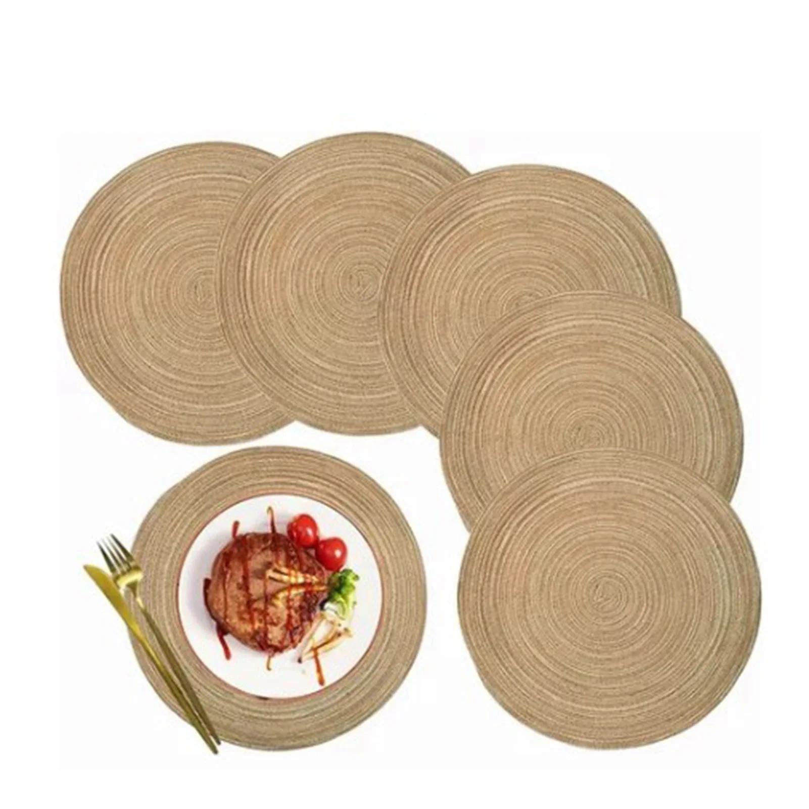 ZK20 6pcs Round Placemats Slip Proof Prevent Scalding Insulation Decorative Woven Table Mats for Home Cafe Khaki 11.8in