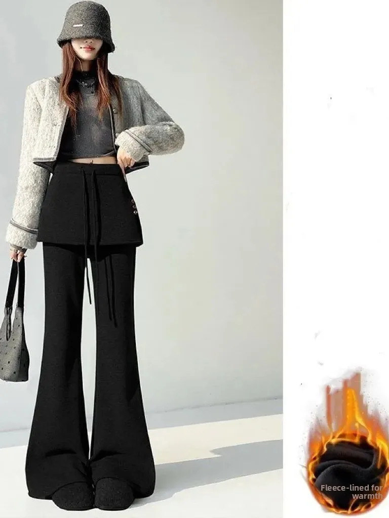 Thickened Fleece High Waist Bell Bottom Pants Women's Sporty Sweatpants Slimming Effect Layered Wear Winter New Style