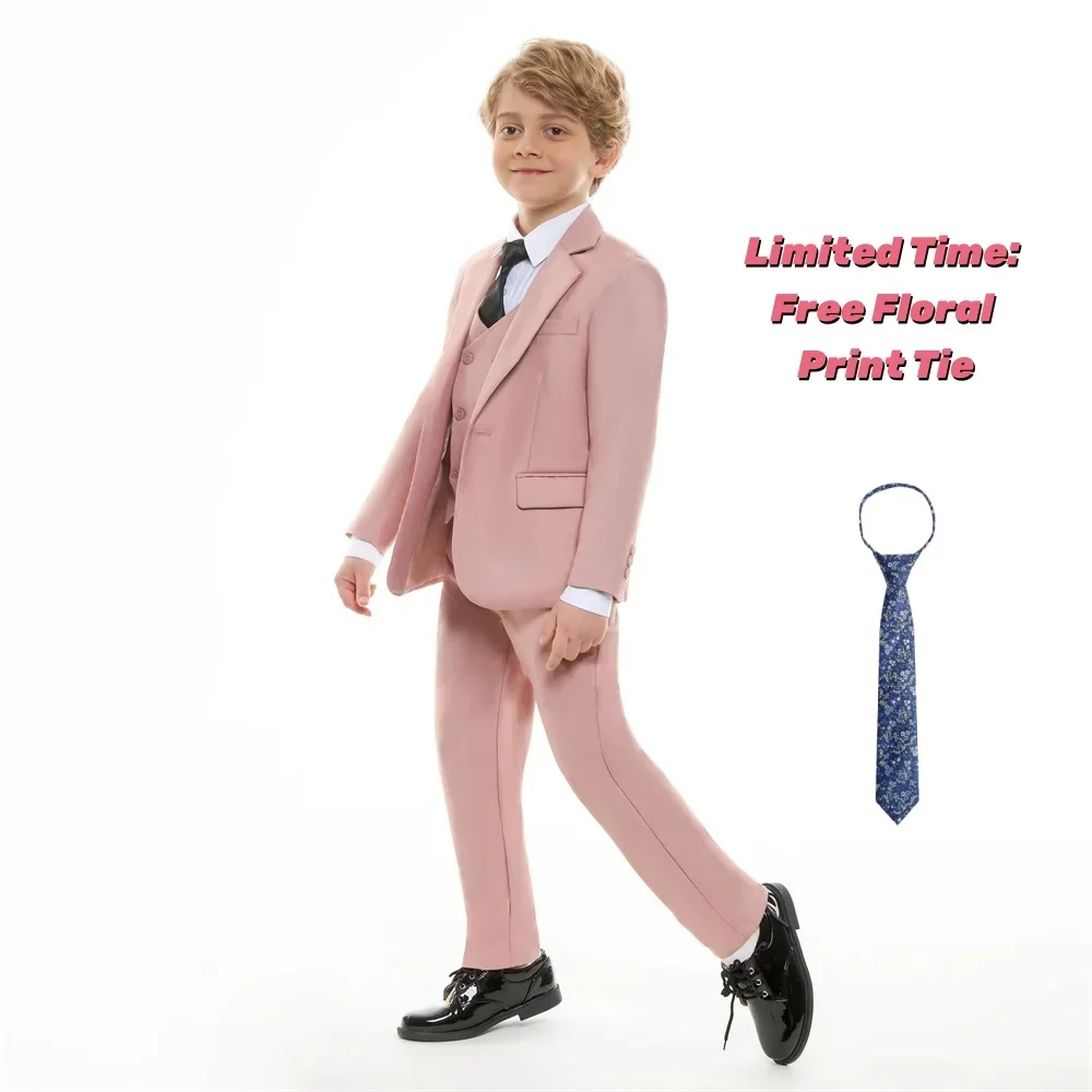 Kids Pink Suit 4Pcs Blazer Vest Pants Tie Set Boys Formal Wedding Flower Boy Piano Recital Ceremony Suit Free Floral Print Tie