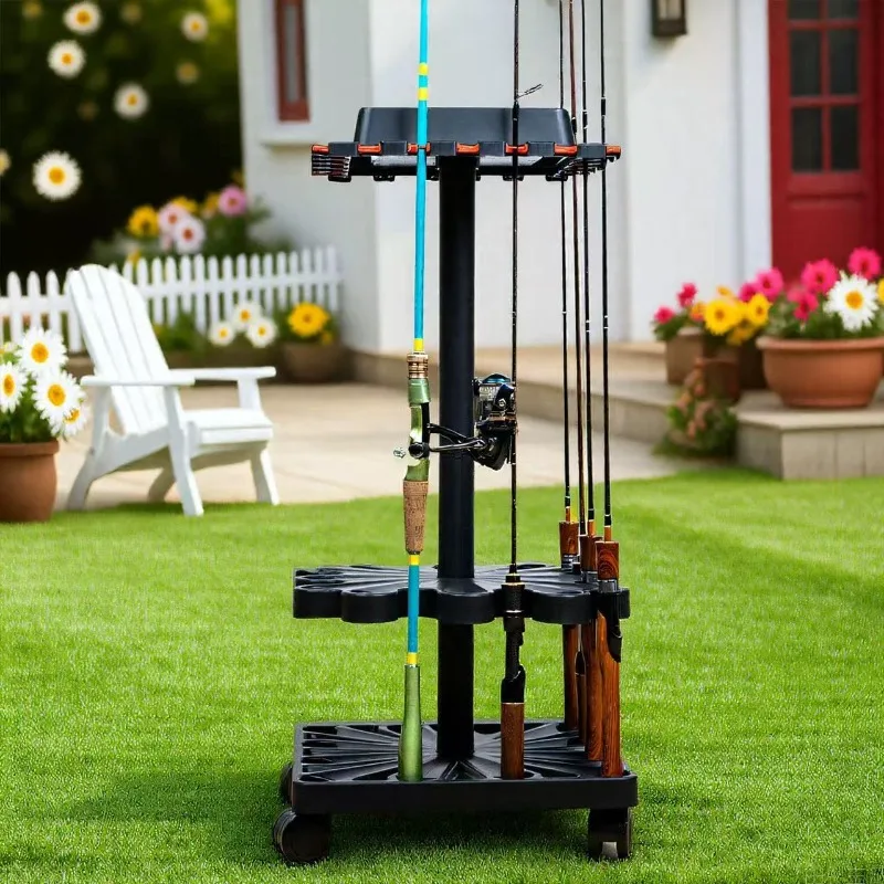Floor Standing Rotating Fishing Rod Storage Rack 24 Rods Holder With Wheels Adjustable Organizer For Garage Home Tackle