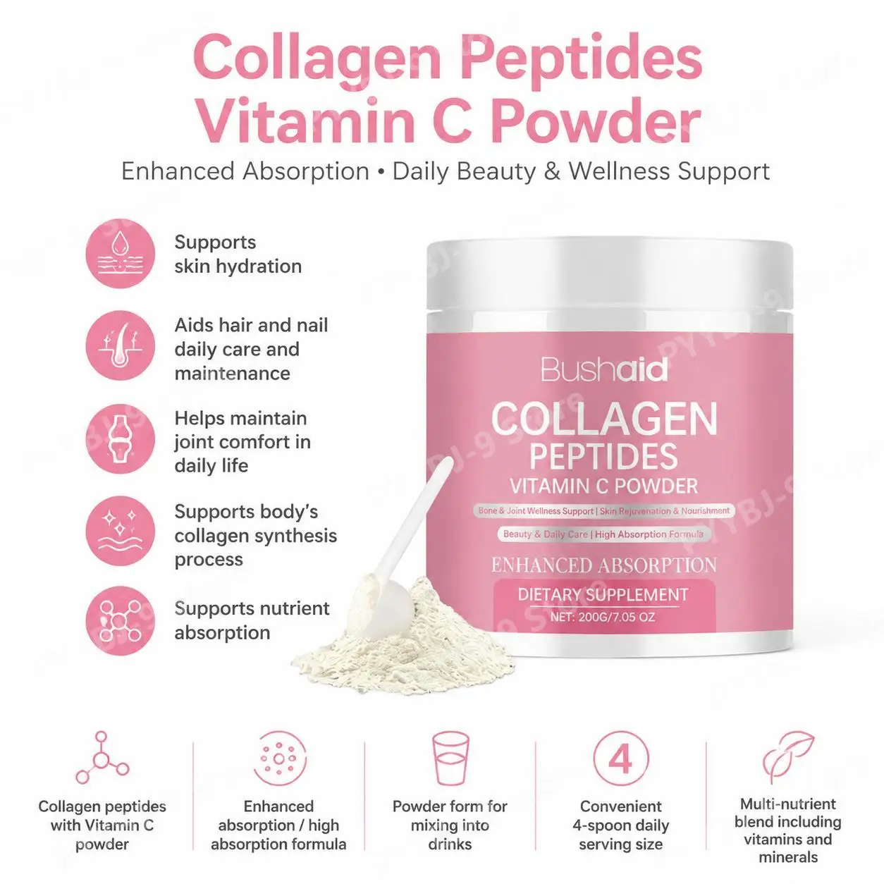 BushAid Collagen Peptides Powder with Vitamin C and Hyaluronic Acid, Enhanced Absorption, Skin Hydration & Hair Support, 200g