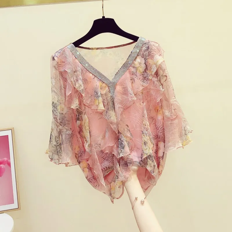 Sweet Ruffles Floral Diamond Blouse for Women, Pink V-Neck, Loose Lady Pulls, Elegant Outwear Tops, Top Quality, Summer, 2024