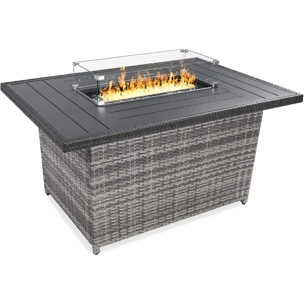 

Fire Pit Table, Patio Propane Gas Table W Aluminum Tabletop, Glass Wind Guard Glass Rocks, Slide Out Tank Holder, Fire Pit Table