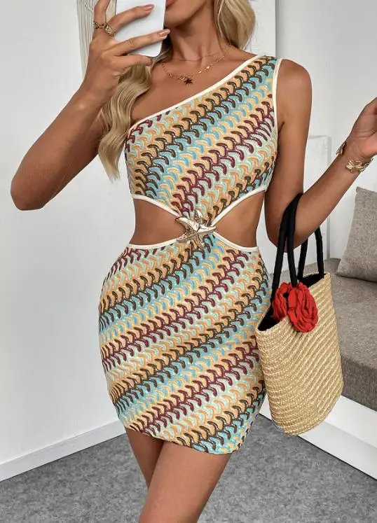 

2026 Summer Sexy Open Waist Short Skirt Ethnic Style Fake Style Color Strip Single Shoulder Hollow Sleeveless Spicy Girl Dress