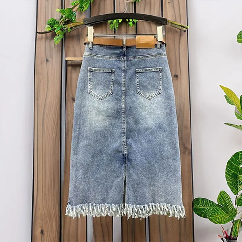 Denim Skirts For Women Fashion Diamond Tassel Jupe Bodycon Korean Saia 2025 Faldas Mujer De Moda High Waist Tunic Casual Skirt