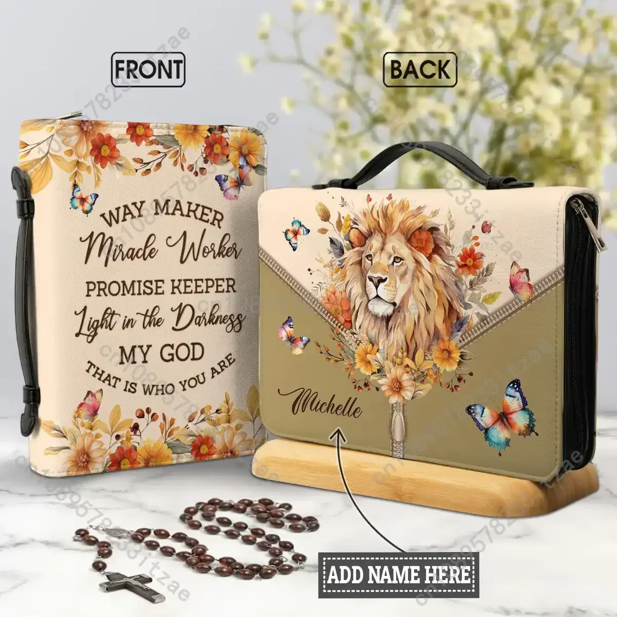 

Way Maker Miracle Keeper Lion Butterfly Print Ladies Bible Cover Case Womens PU Leather Christianity Church Bible Storage Bags