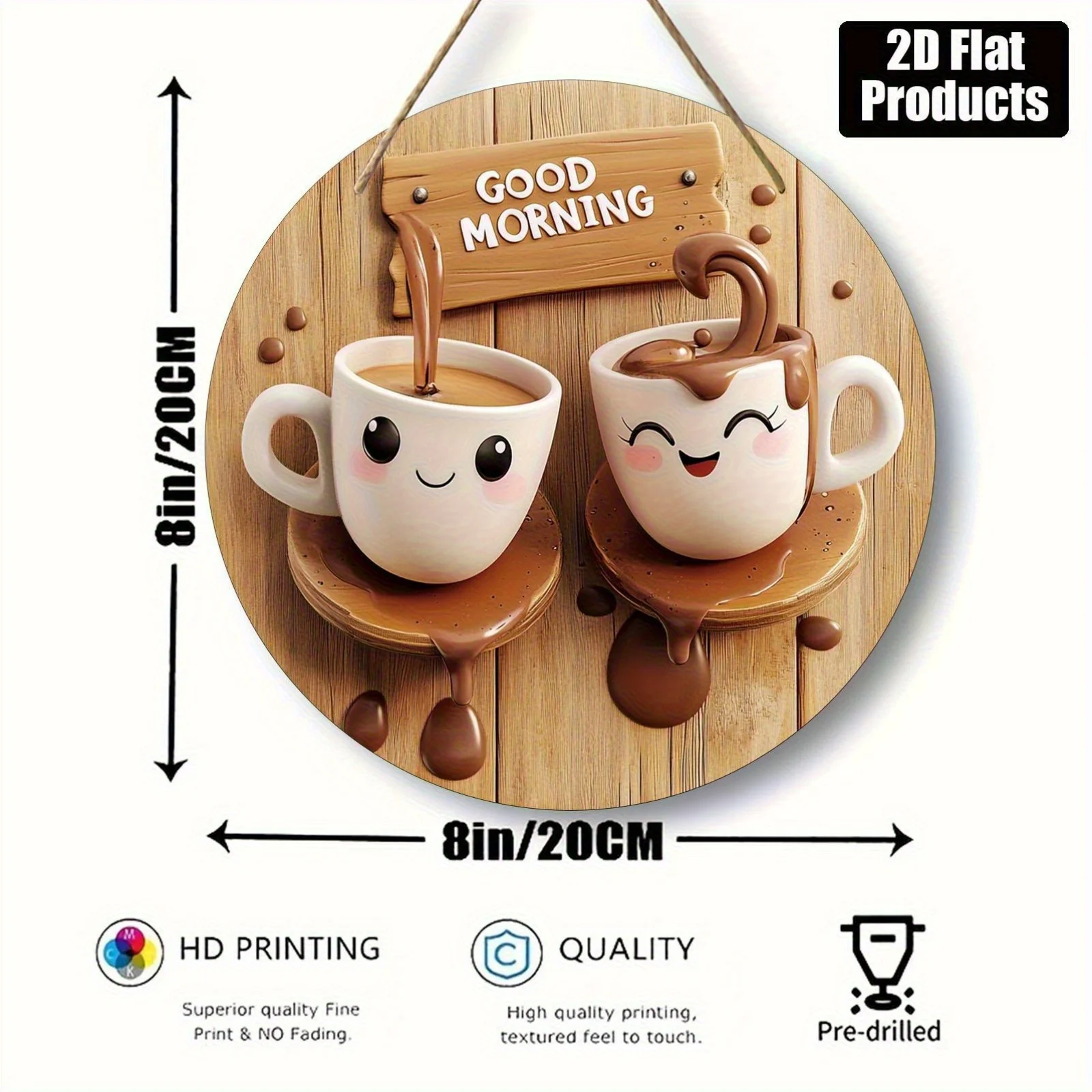 2D Flat, 2D Flat Sign, 1pc Vintage Home Decor, 8x8 Inch Round Faux Wood Decorative Sign - Morning Tea Theme with Smiling Cup And