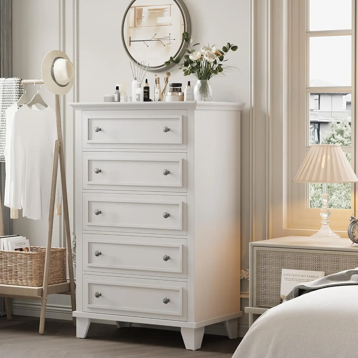 

White 5 Drawer Dresser for Bedroom, 48" Tall Wood Dresser & Chests of Drawers with Deep Drawers, Modern Chest Organizer with