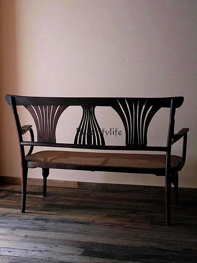 LJYVintage Solid Wood Distressed Rattan Double/Three-Seater Sofa Retro Carved Flower Bed & Breakfast Cafe Western Rattan Chair