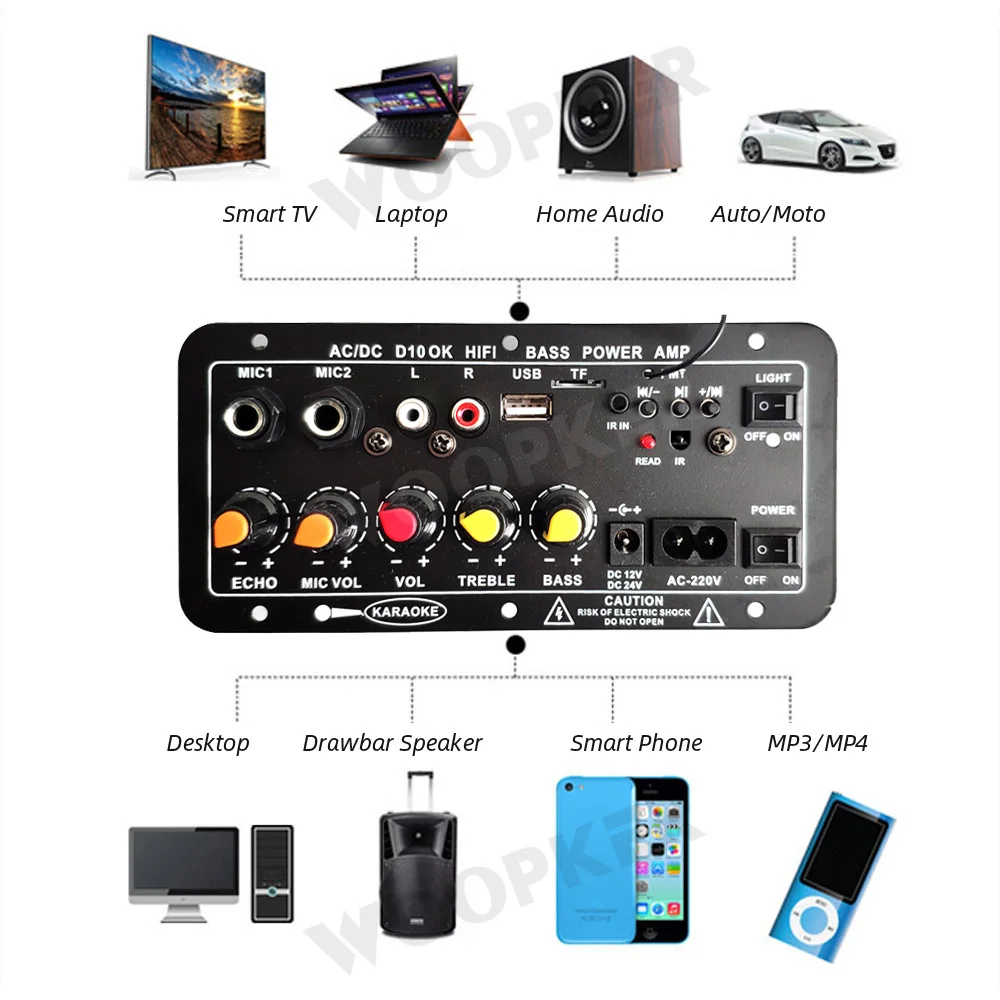 Woopker D10 Bluetooth Audio Amplifier Board for 4 ohms 8-12 inch Speaker 110/220V 120W Subwoofer Dual Microphone AMP Module