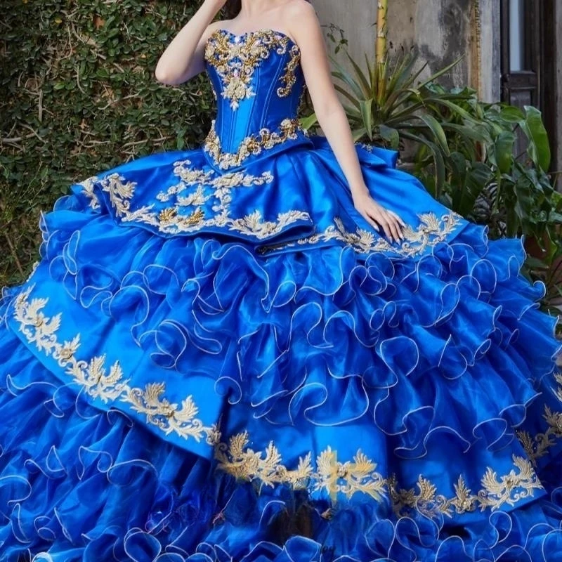 

Luxury Royal Blue Princess Quinceanera Dresses 2024 With Jacket Off Shoulder Beads Appliques Crystals Tull Tiered vestidos de 15