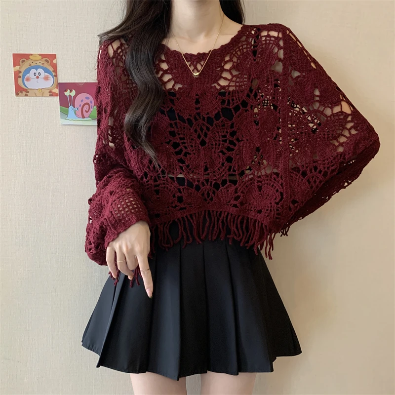 

Вязаный свитер Ankela Red Hollow Bat Sve для женщин, праздничная верхняя одежда для многослойных образов, размер S, с бахромой, свободный крой