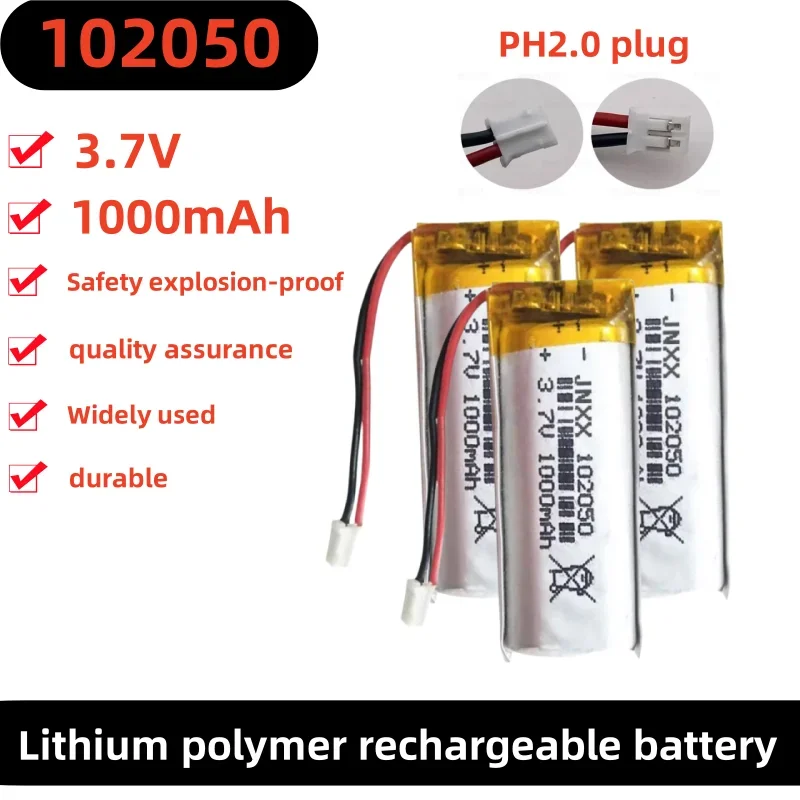 New 3.7V 1000mah 102050 Lipo Cells Lithium Polymer Rechargeable Battery for MP3 GPS Recording Pen LED Light Beauty Instrument