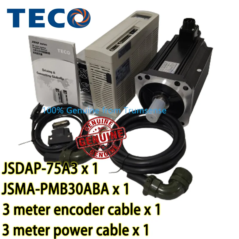 Genuine TECO 3 Ph AC 200V 3Kw Servo Drive JSDAP-75A3 and 3Kw IP67 2000 rpm Medium Inertia Servo Motor JSMA-PMB30ABA with Cable