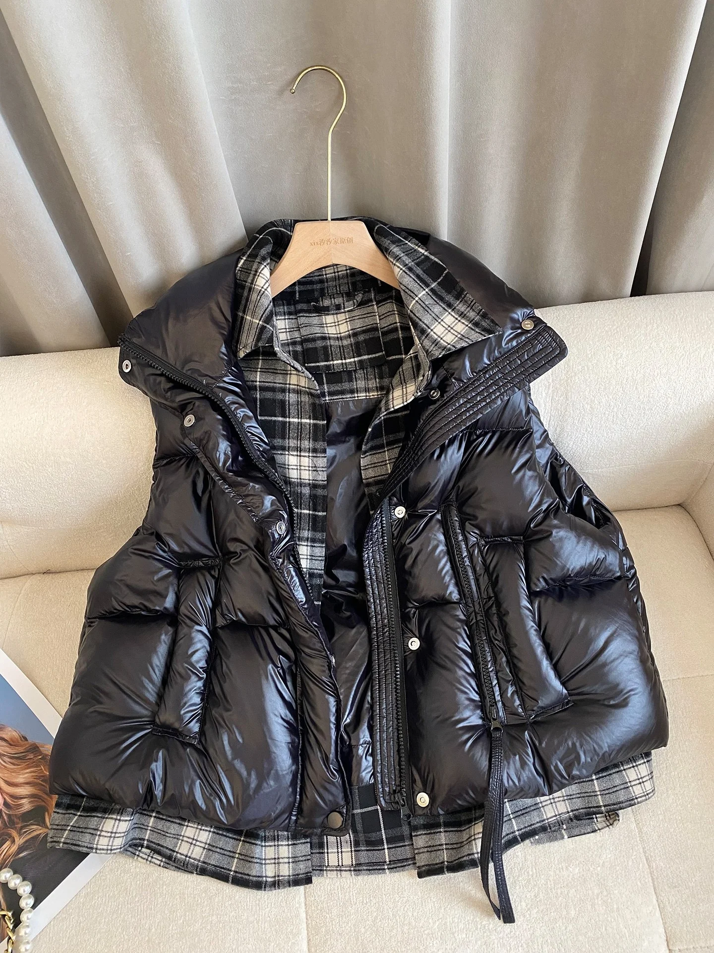

Faionable Warm Women's down Vest Autumn Winter New Sle Outerwear Layering oulder Pad High Collar Thiened Polyester
