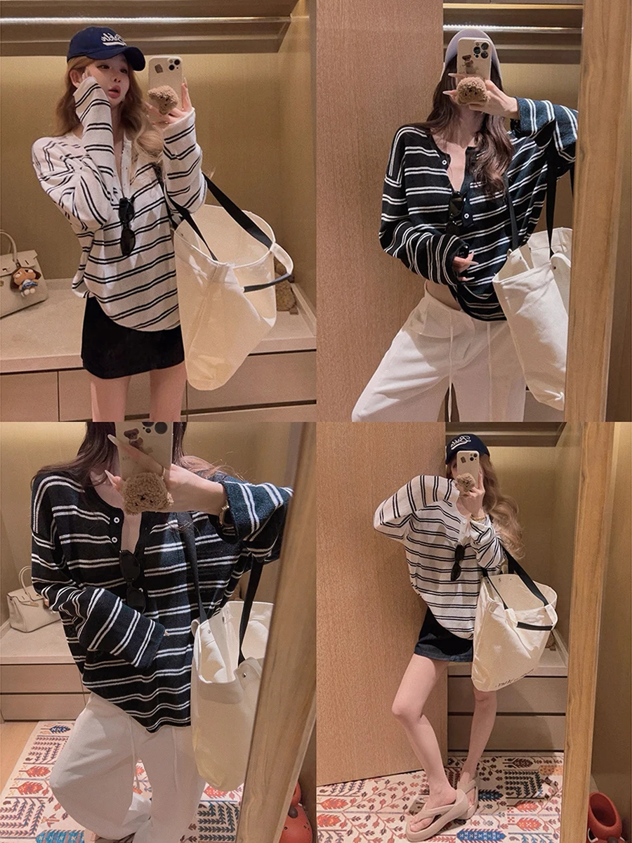 

Yukiss Paper Series Knitted Long Sleeve Striped Sun Protection Top Casual Loose Fit round Neck Knitwear for Women Spring 2026