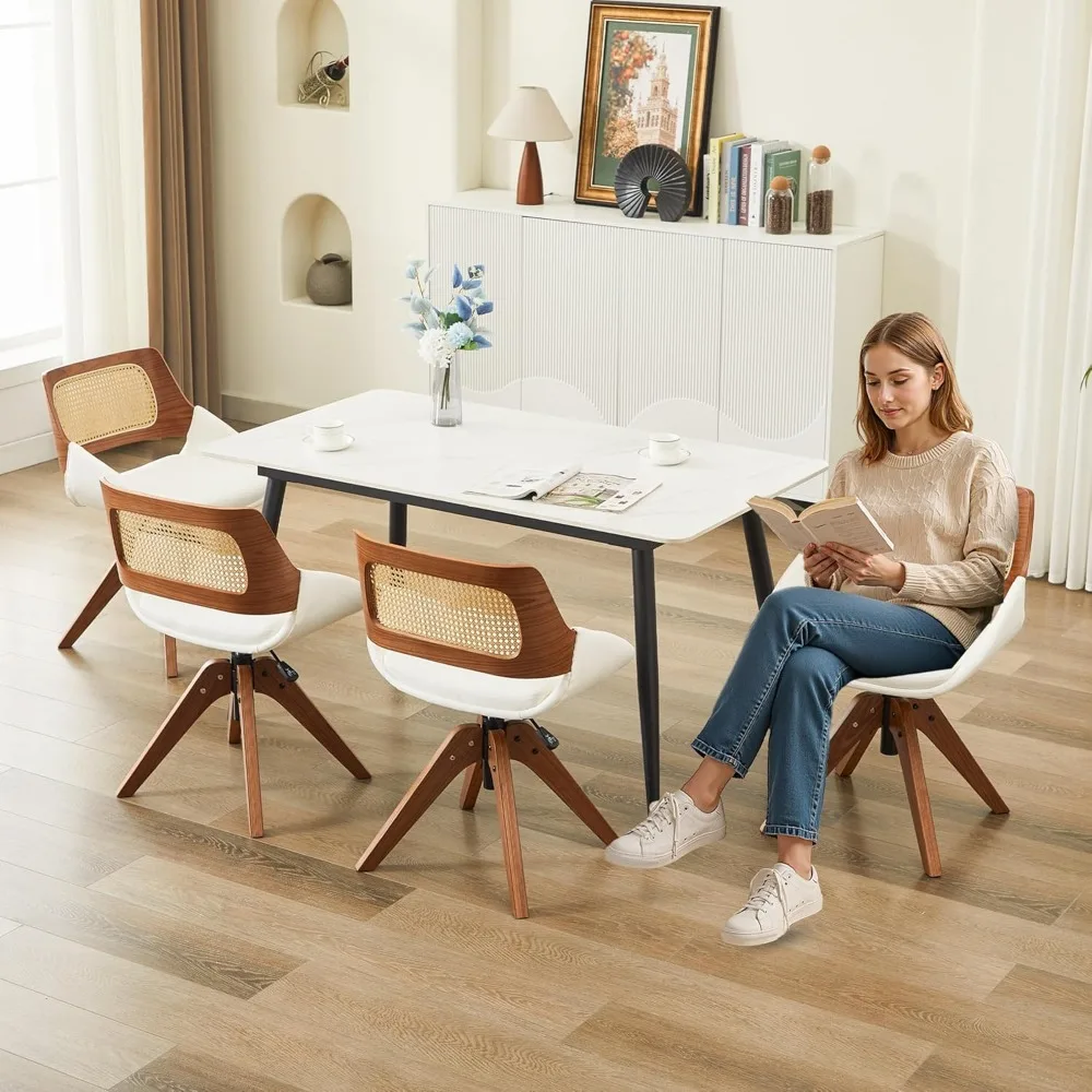 Conjunto de 4 cadeiras de jantar giratórias estofadas em couro sintético, cadeiras altas ajustáveis em nogueira, braços e pernas de madeira de cozinha confortáveis