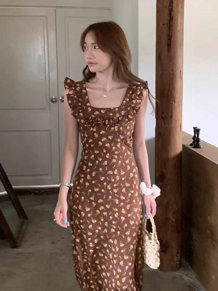 Romantic Summer Floral Print Dr Women's High Waist V-Ne Two-Way Tie Waist Slimming Fly Sve Long Dr Commute Sle