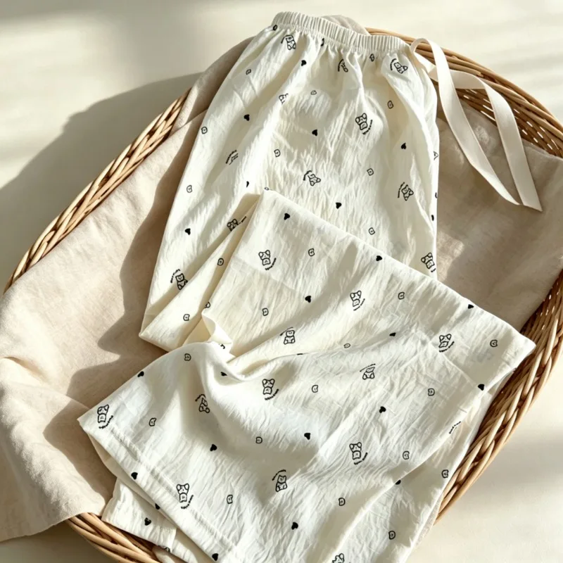 Cute Bear Dot Print Woman Trousers Elastic Drawstring Waist Long Casual Sleep Bottoms Autumn New Korean Style Sweet Cute Pants