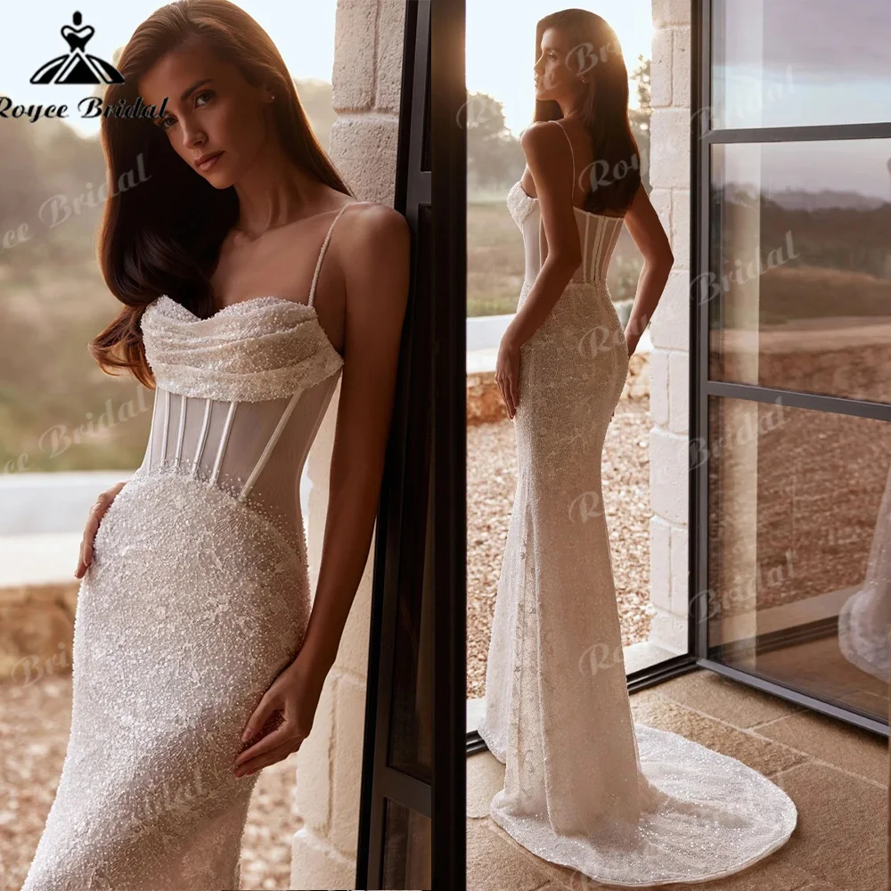 2027 Thin Strap Draped Sweetheart Mermaid Wedding Dress Sheer Corset Beaded Floral Mesh Lace Sweep Train Bridal Gown Customized